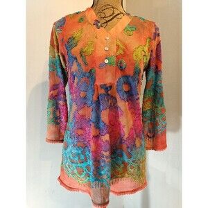 Paris Hues‎ Women Orange Floral Semi Sheer Fringe Button Design Top Size S